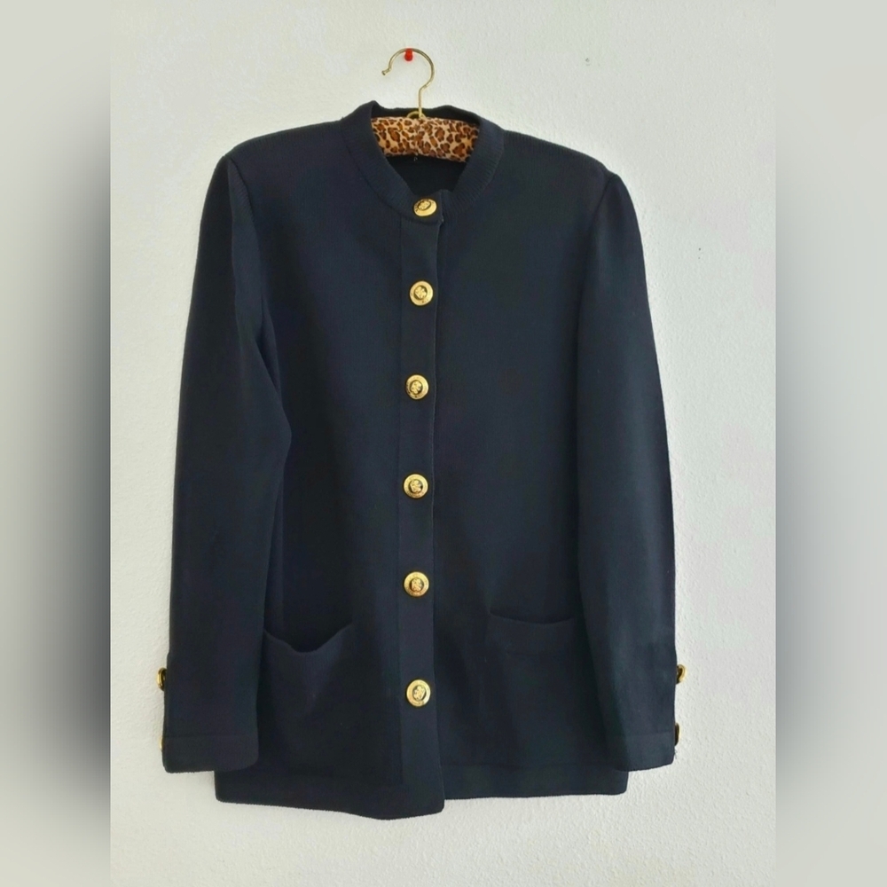 St. John Basics Santana Knit Button Front Cardigan Petite Black Sz P (4-6) FLAW!